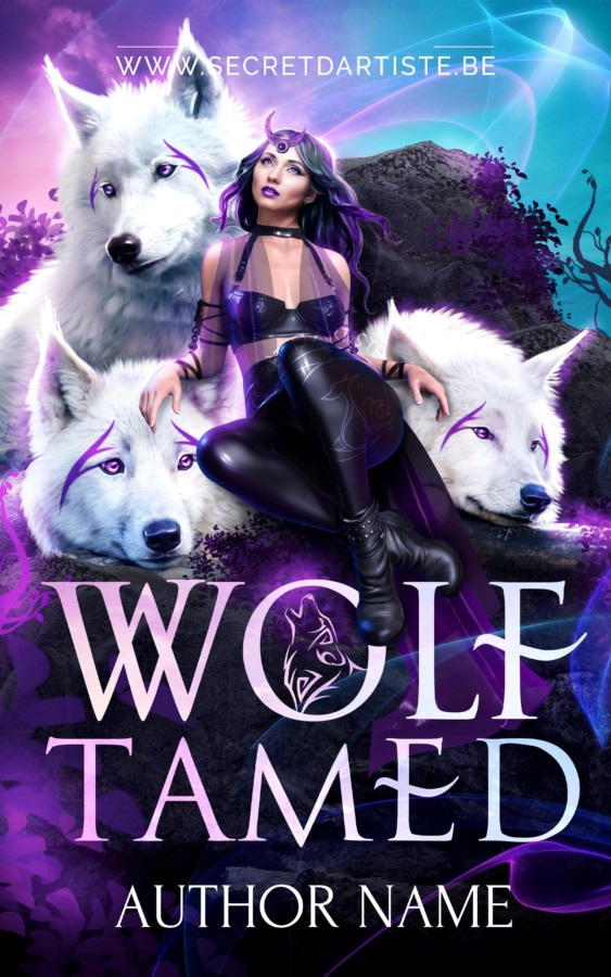 Gorgeous female accompanied with 3 fantasy white wolves